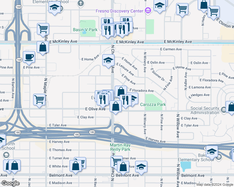 map of restaurants, bars, coffee shops, grocery stores, and more near North Chestnut Avenue in Fresno