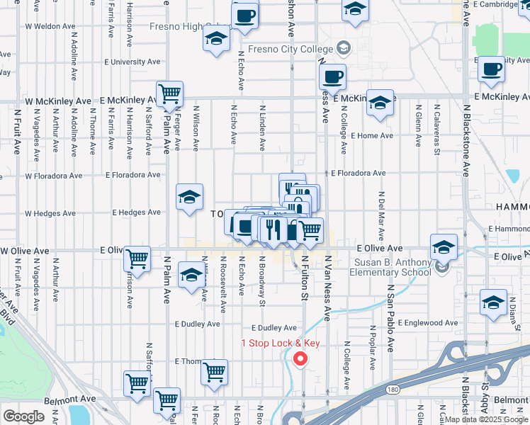 map of restaurants, bars, coffee shops, grocery stores, and more near 1280 North Linden Avenue in Fresno