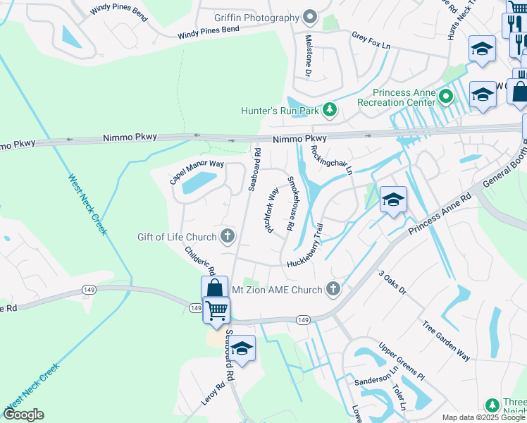 map of restaurants, bars, coffee shops, grocery stores, and more near 2437 Pitchfork Way in Virginia Beach