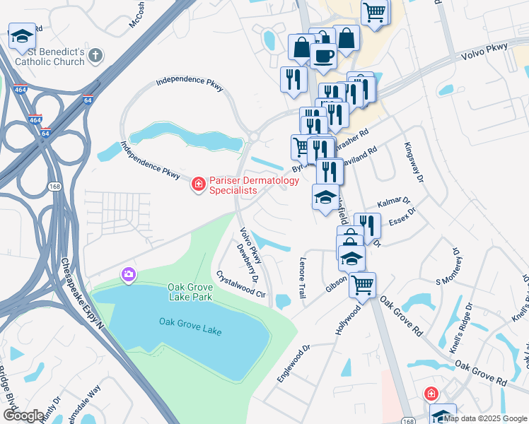 map of restaurants, bars, coffee shops, grocery stores, and more near 1252 Corkwood Circle in Chesapeake