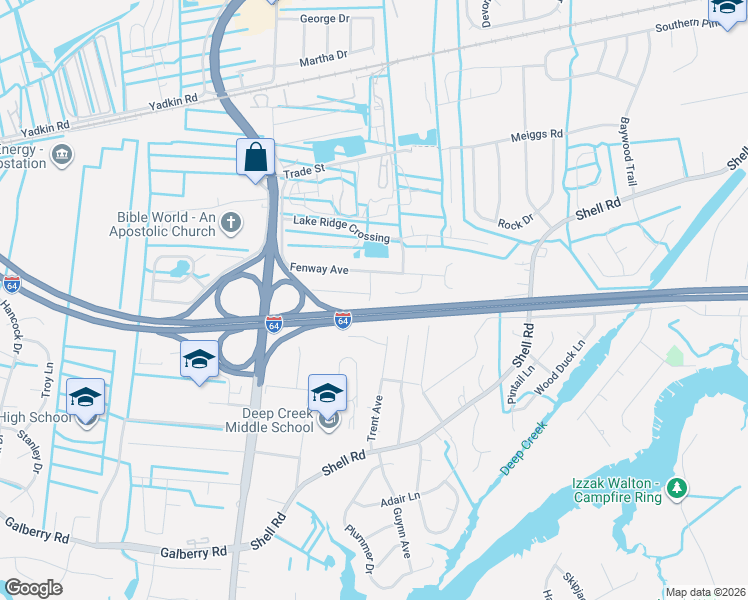 map of restaurants, bars, coffee shops, grocery stores, and more near 603 Oak Mears Cove in Chesapeake