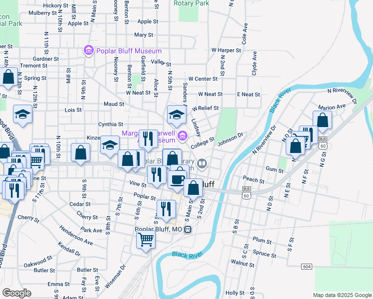map of restaurants, bars, coffee shops, grocery stores, and more near 357 North Main Street in Poplar Bluff