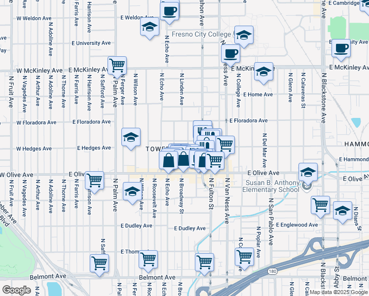 map of restaurants, bars, coffee shops, grocery stores, and more near 1295 North Linden Avenue in Fresno