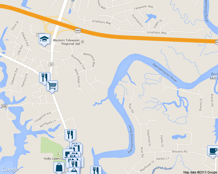 map of restaurants, bars, coffee shops, grocery stores, and more near 216 Water Pointe Way in Suffolk