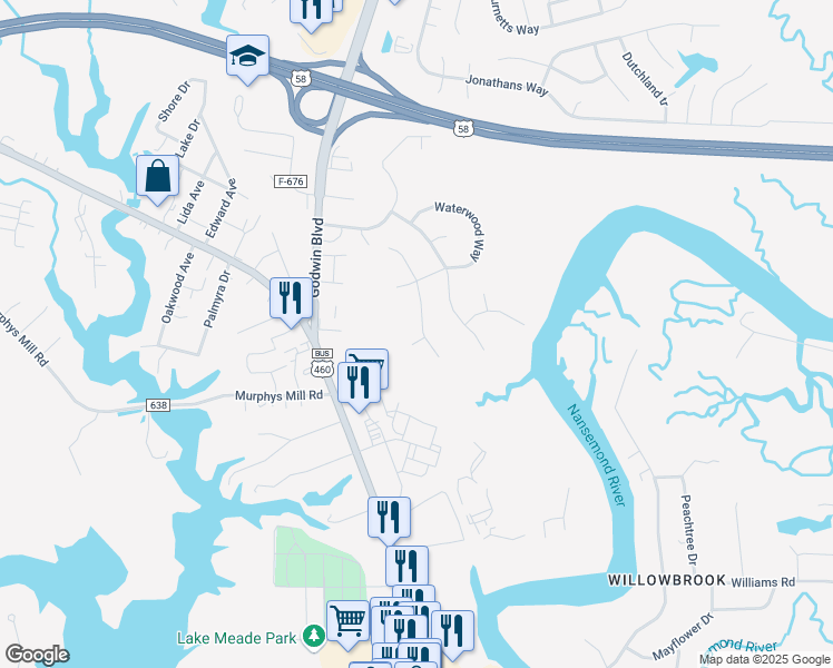 map of restaurants, bars, coffee shops, grocery stores, and more near 112 Misty Ridge Lane in Suffolk