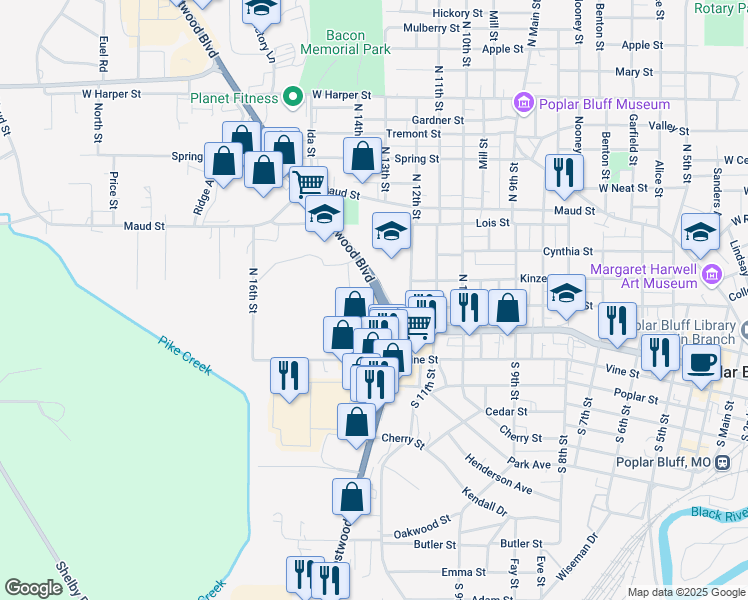 map of restaurants, bars, coffee shops, grocery stores, and more near 233 U.S. 67 Business in Poplar Bluff