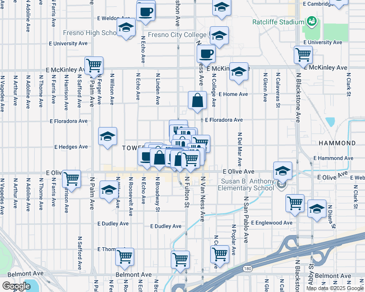 map of restaurants, bars, coffee shops, grocery stores, and more near 831 East Fern Avenue in Fresno