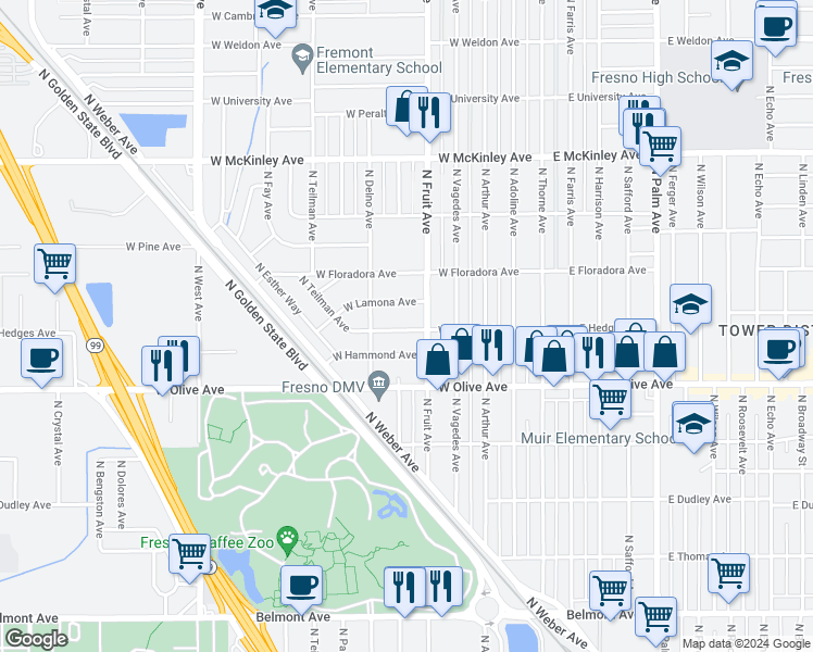 map of restaurants, bars, coffee shops, grocery stores, and more near 534 West Hedges Avenue in Fresno