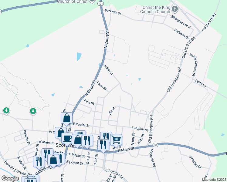 map of restaurants, bars, coffee shops, grocery stores, and more near 812 North 4th Street in Scottsville