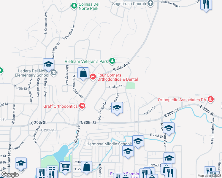 map of restaurants, bars, coffee shops, grocery stores, and more near 3309 Northridge Drive in Farmington