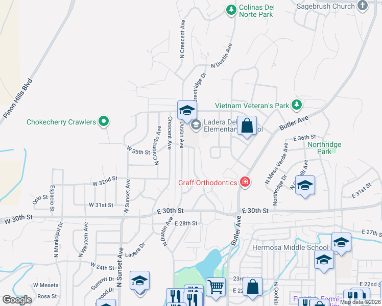map of restaurants, bars, coffee shops, grocery stores, and more near 3305 Crestridge Drive in Farmington