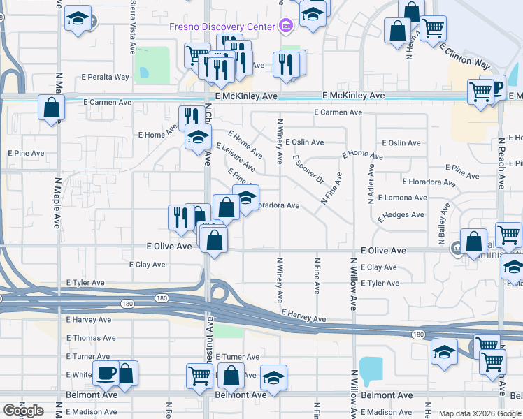 map of restaurants, bars, coffee shops, grocery stores, and more near 4873 East Olive Avenue in Fresno