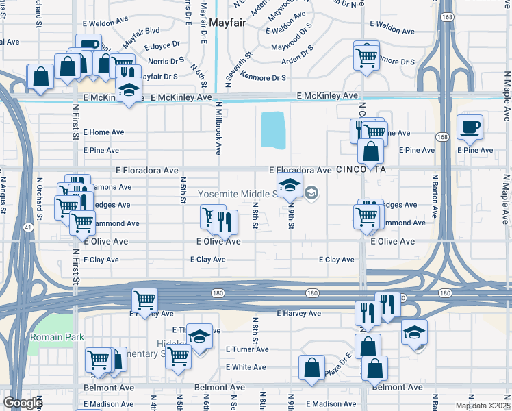 map of restaurants, bars, coffee shops, grocery stores, and more near 1263 North 8th Street in Fresno