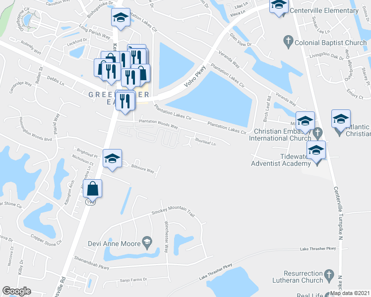 map of restaurants, bars, coffee shops, grocery stores, and more near 1213 Daylily Drive in Chesapeake