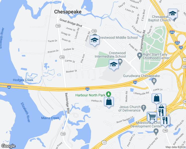 map of restaurants, bars, coffee shops, grocery stores, and more near 710 Laura Street in Chesapeake