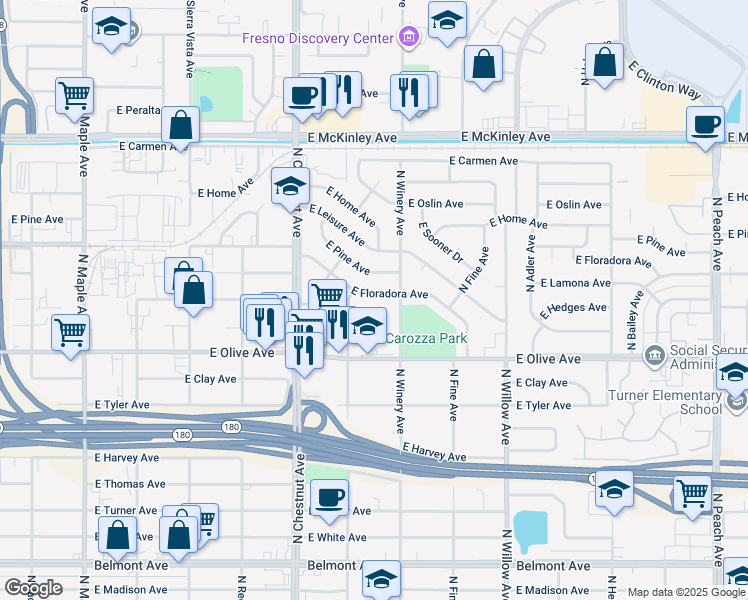 map of restaurants, bars, coffee shops, grocery stores, and more near 4873 East Olive Avenue in Fresno