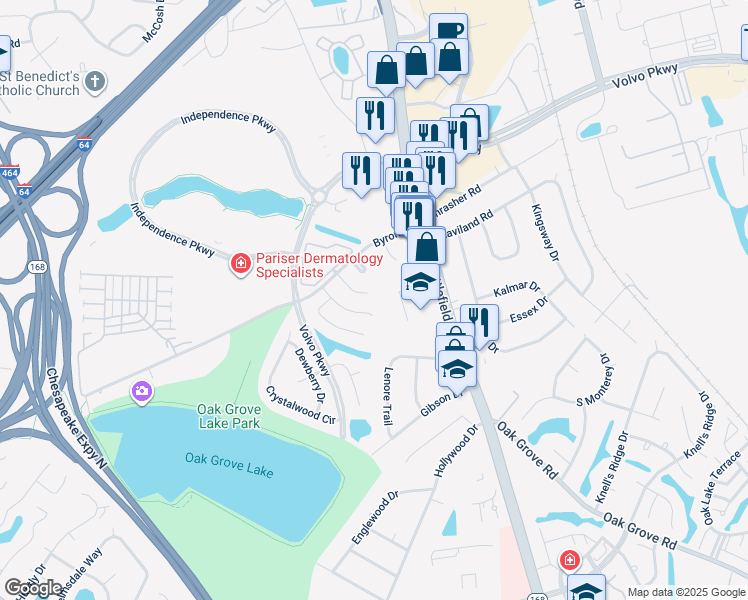 map of restaurants, bars, coffee shops, grocery stores, and more near 1202 Basswood Court in Chesapeake