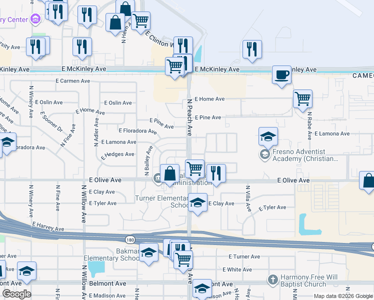 map of restaurants, bars, coffee shops, grocery stores, and more near N Peach Ave & E Hedges Ave in Fresno