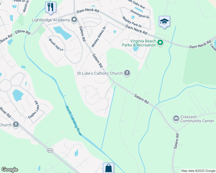 map of restaurants, bars, coffee shops, grocery stores, and more near 2413 Highland Cape Lane in Virginia Beach