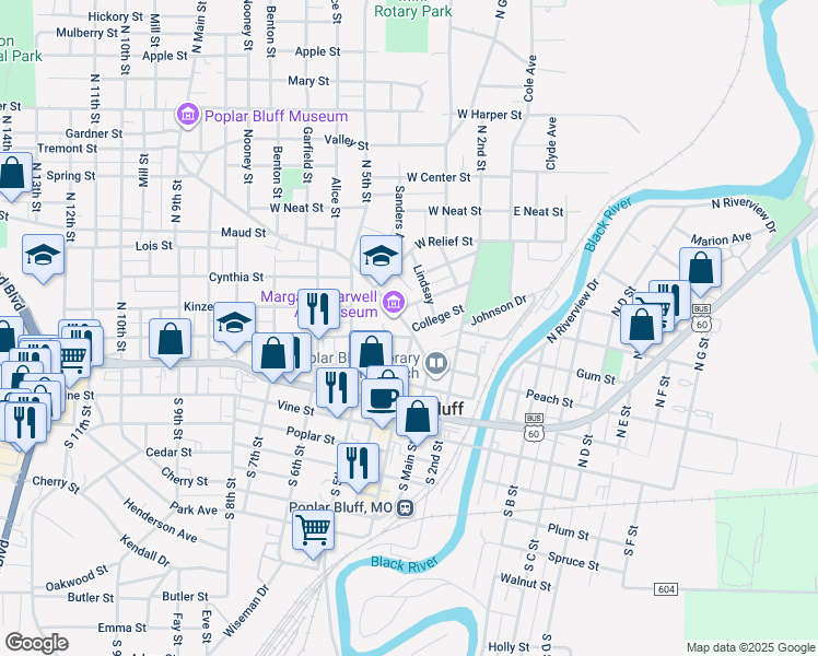 map of restaurants, bars, coffee shops, grocery stores, and more near 421 North Main Street in Poplar Bluff
