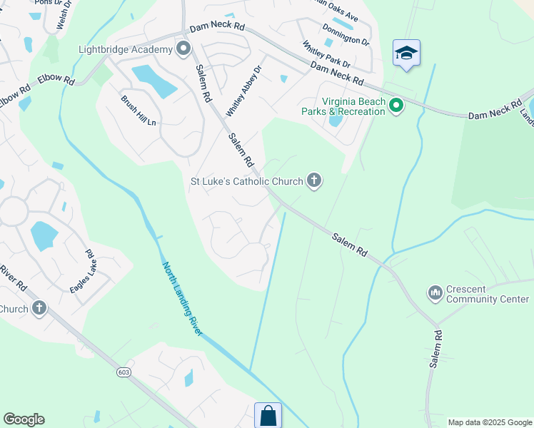 map of restaurants, bars, coffee shops, grocery stores, and more near 2413 Highland Cape Lane in Virginia Beach