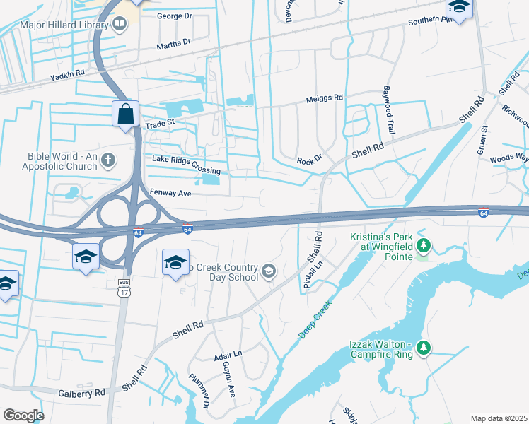 map of restaurants, bars, coffee shops, grocery stores, and more near 604 Wooddale Court in Chesapeake