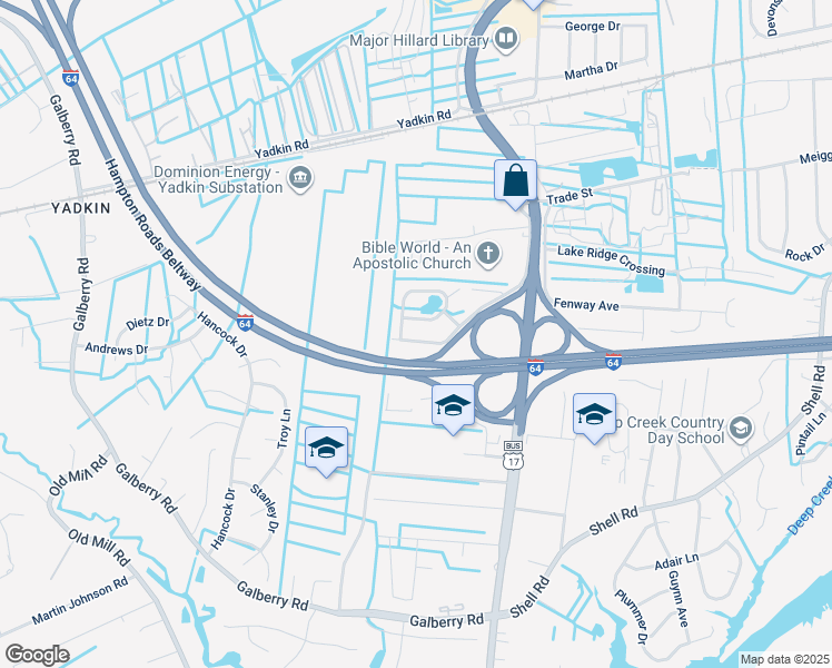 map of restaurants, bars, coffee shops, grocery stores, and more near 512 Happy Acres Road in Chesapeake