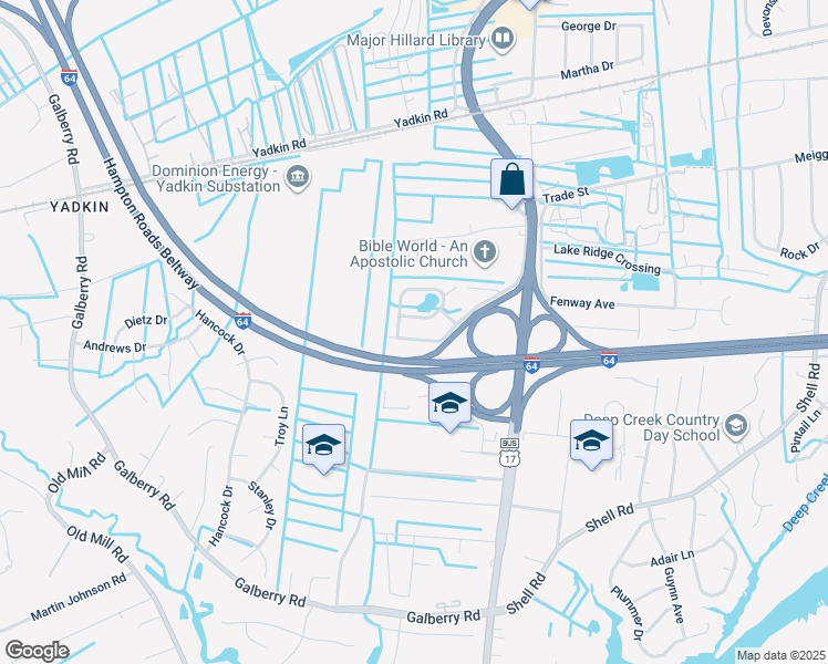 map of restaurants, bars, coffee shops, grocery stores, and more near 512 Happy Acres Road in Chesapeake