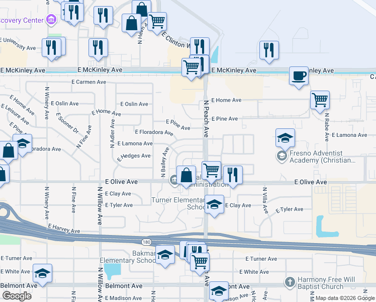map of restaurants, bars, coffee shops, grocery stores, and more near 5148 East Hedges Avenue in Fresno