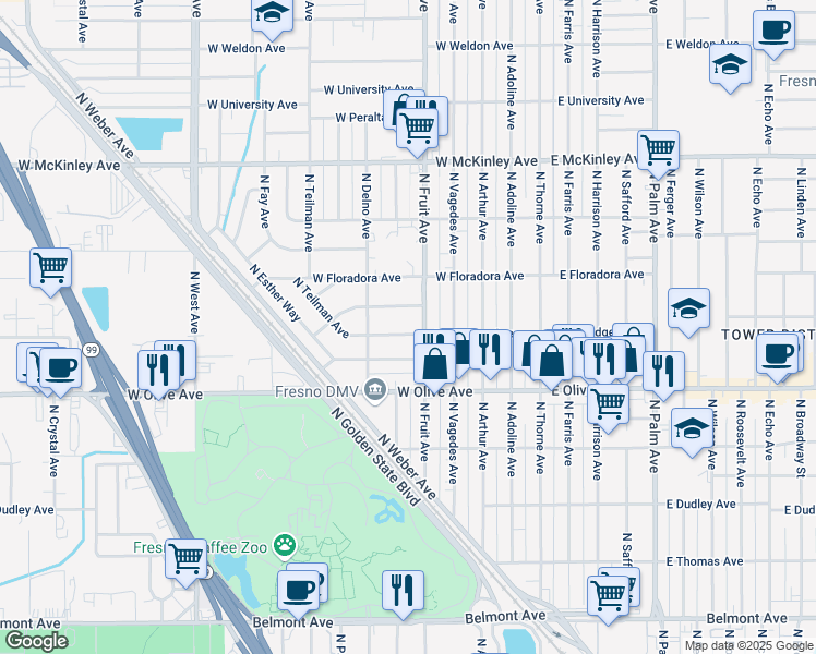 map of restaurants, bars, coffee shops, grocery stores, and more near 533 West Hedges Avenue in Fresno