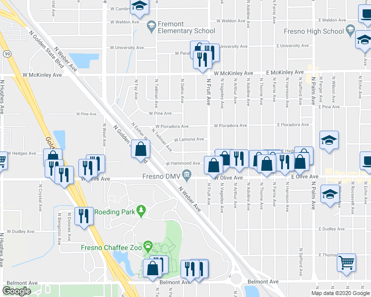 map of restaurants, bars, coffee shops, grocery stores, and more near 1283 North Delno Avenue in Fresno