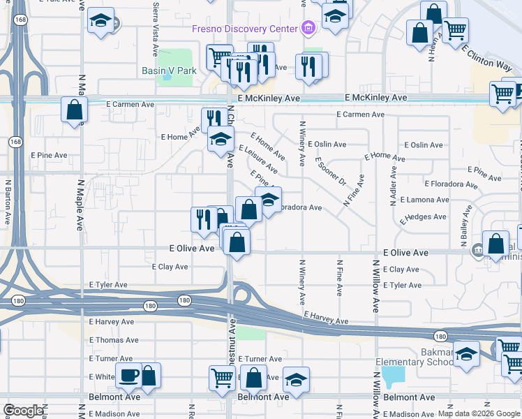 map of restaurants, bars, coffee shops, grocery stores, and more near 1335 North Garden Avenue in Fresno