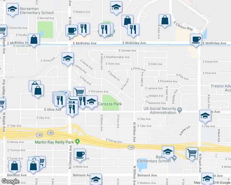 map of restaurants, bars, coffee shops, grocery stores, and more near 4939 East Floradora Avenue in Fresno