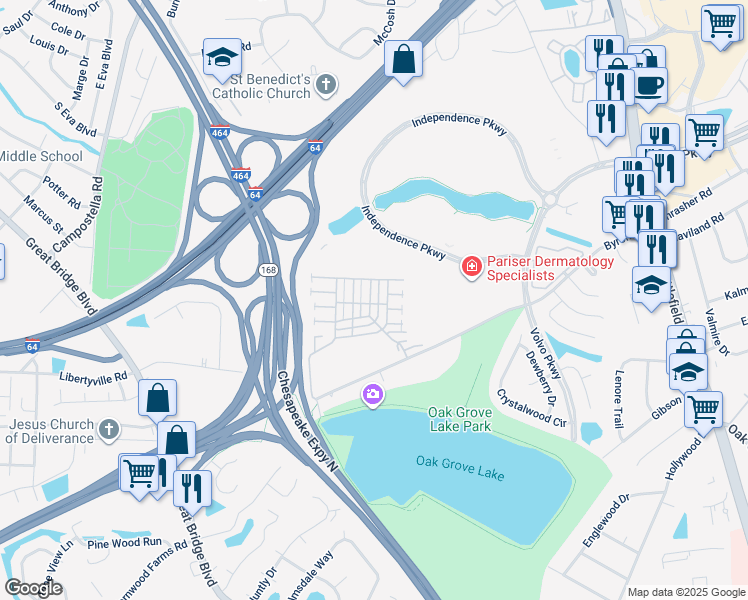 map of restaurants, bars, coffee shops, grocery stores, and more near 1305 Dutchess Of York Quay in Chesapeake