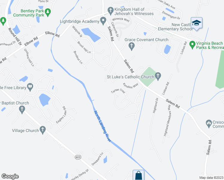 map of restaurants, bars, coffee shops, grocery stores, and more near 3964 Tartan Trail in Virginia Beach