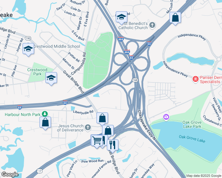 map of restaurants, bars, coffee shops, grocery stores, and more near 1049 Robert Welch Lane in Chesapeake