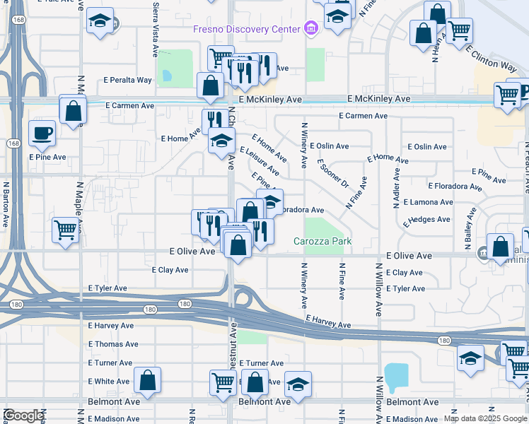 map of restaurants, bars, coffee shops, grocery stores, and more near 1335 North Garden Avenue in Fresno