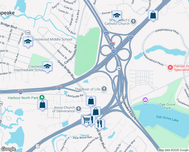 map of restaurants, bars, coffee shops, grocery stores, and more near 1057 Robert Welch Lane in Chesapeake