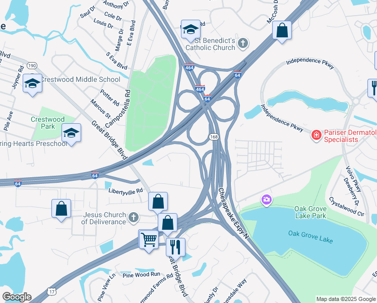 map of restaurants, bars, coffee shops, grocery stores, and more near 1033 Robert Welch Lane in Chesapeake