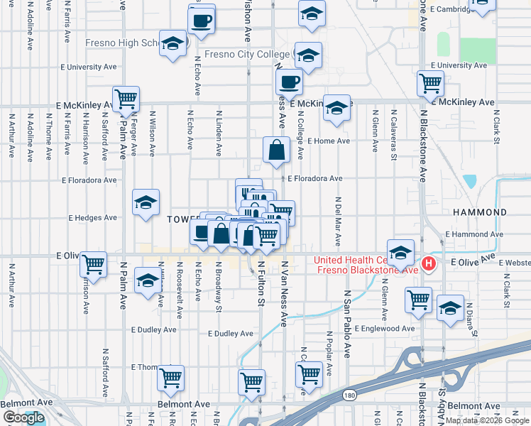 map of restaurants, bars, coffee shops, grocery stores, and more near 854 East Hedges Avenue in Fresno