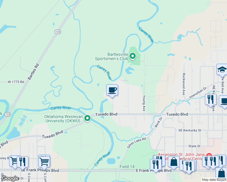 map of restaurants, bars, coffee shops, grocery stores, and more near 200 Pine Avenue in Bartlesville