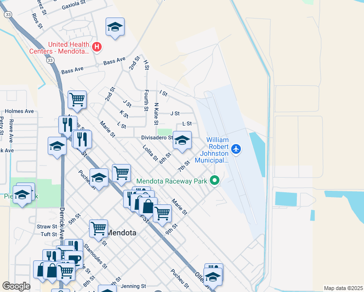 map of restaurants, bars, coffee shops, grocery stores, and more near 637 South Kate Street in Mendota