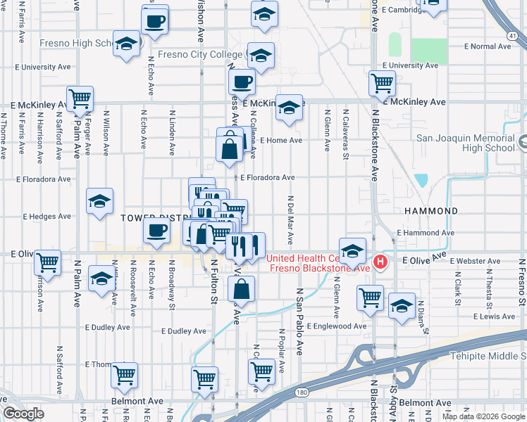 map of restaurants, bars, coffee shops, grocery stores, and more near 1270 North College Avenue in Fresno