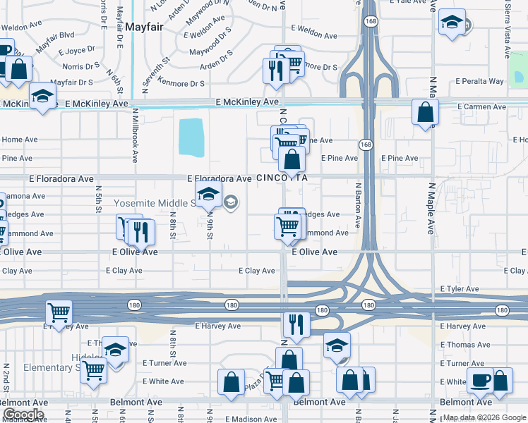 map of restaurants, bars, coffee shops, grocery stores, and more near 4163 East Hammond Avenue in Fresno