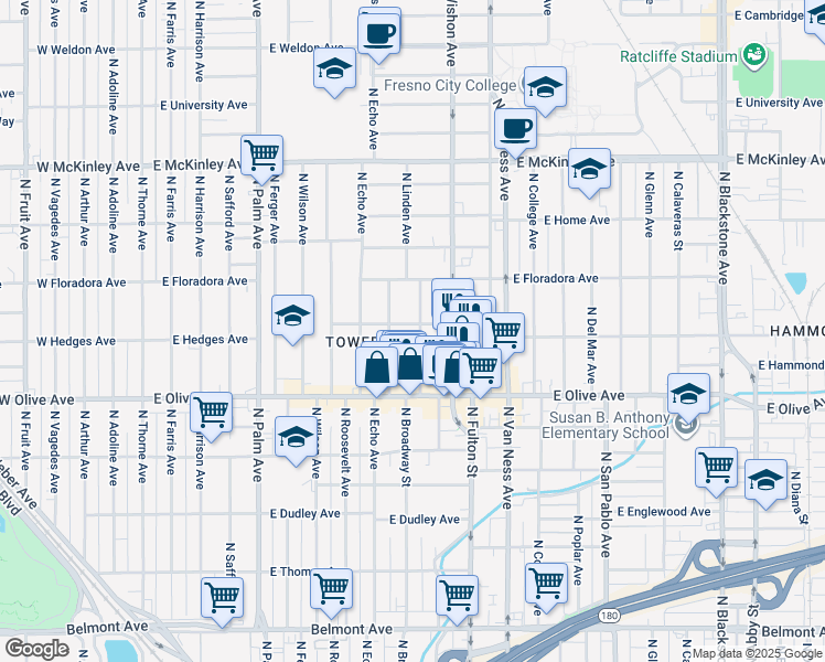 map of restaurants, bars, coffee shops, grocery stores, and more near 1280 North Linden Avenue in Fresno