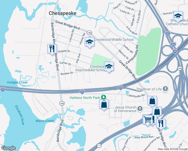 map of restaurants, bars, coffee shops, grocery stores, and more near 735 Laura Street in Chesapeake