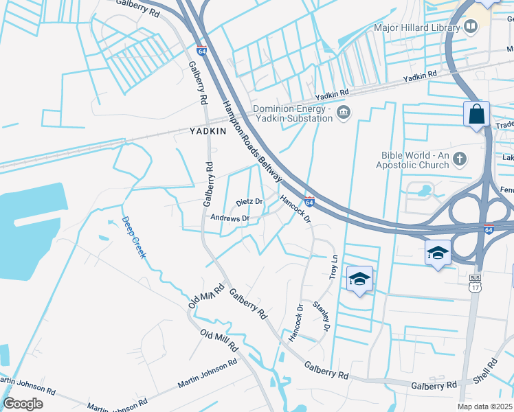 map of restaurants, bars, coffee shops, grocery stores, and more near 3313 Dietz Dr in Chesapeake