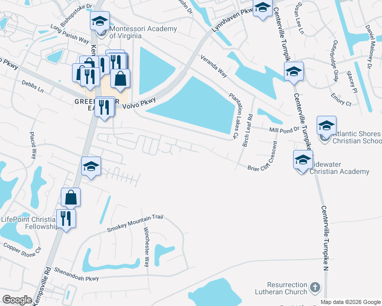 map of restaurants, bars, coffee shops, grocery stores, and more near 1441 Shortleaf Lane in Chesapeake