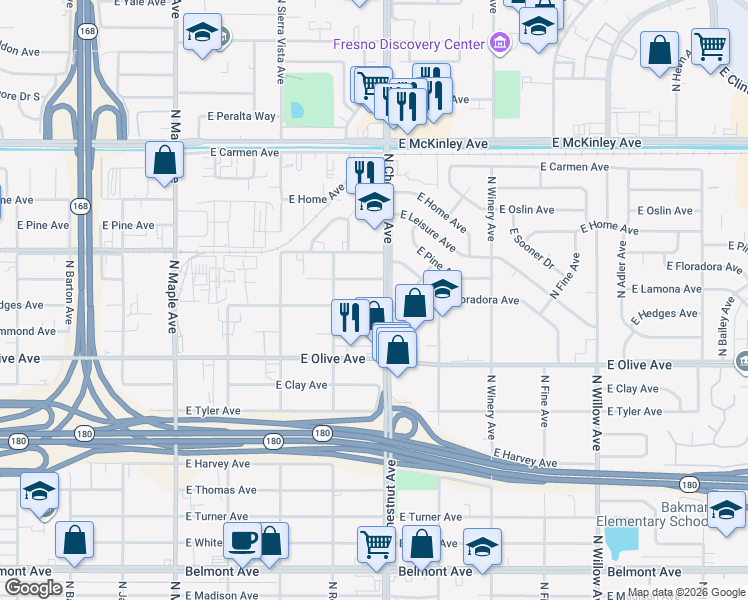 map of restaurants, bars, coffee shops, grocery stores, and more near 4781 East Hammond Avenue in Fresno