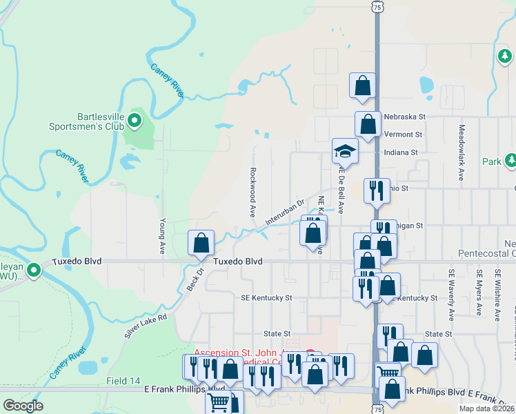 map of restaurants, bars, coffee shops, grocery stores, and more near 200 Rockwood Avenue in Bartlesville